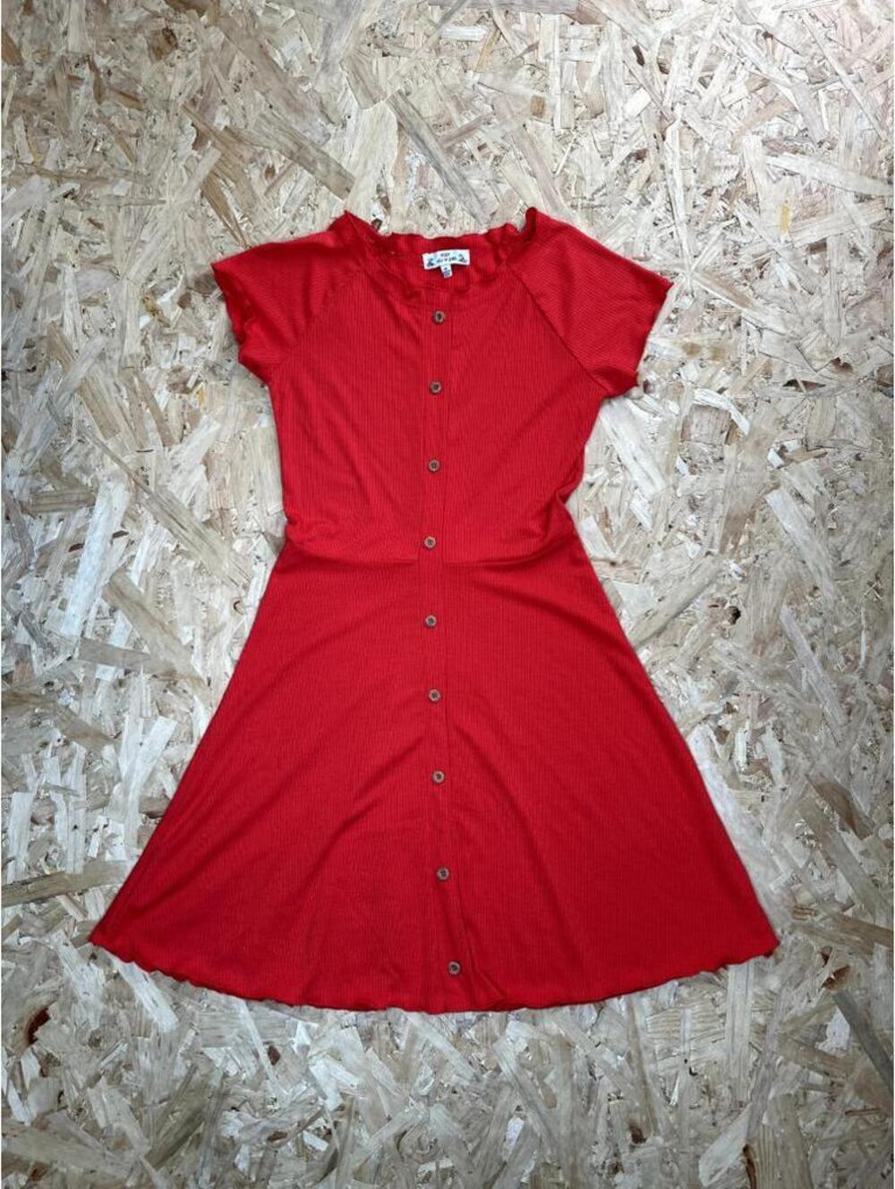 Poof New York Red Ribbed Knit Button Front Dress Womens Size Medium Short Sleeve